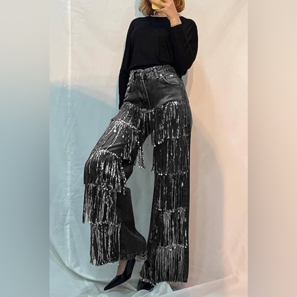 High-Waist Fringe Denim Jeans | Statement Wide-Leg (black)